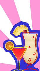 Cosmopolitan and pina colada cocktails in surreal pop art creative collage. Concept of nightlife,...