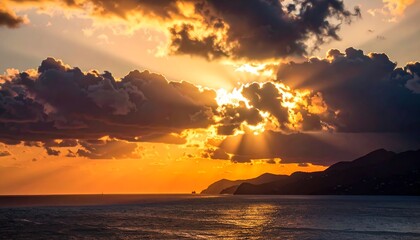 Dramatic sunset over the ocean with dramatic clouds
