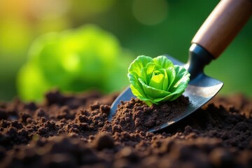 Close-up of gardening trowel near young cabbage plant, spring, organic, hand tool