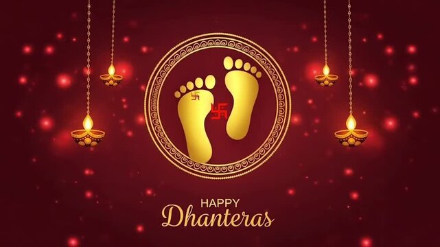 Happy Dhanteras banner with golden Lakshmi feet and a swastika symbol on a festive red background representing prosperity wealth and good fortune for the Indian festival