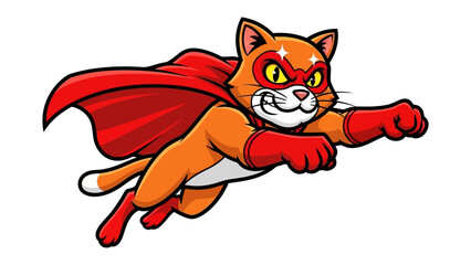 Heroic Feline Soaring High: A spirited illustration showcases a courageous cat, donning a heroic cape and mask, as it fearlessly leaps through the air.