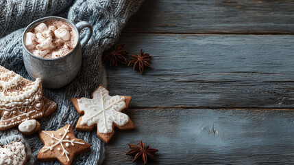 Christmas cookies and hot cocoa cup on wooden table cozy holiday mood