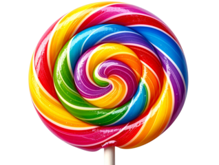 Vibrant rainbow swirl lollipop with pink ribbon and shadows.