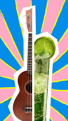 Colorful creative pop art collage of ukulele and mojito cocktail on blue and pink background. Concept of summer lifestyle, nightlife entertainment, beverage promotion, creative industries.