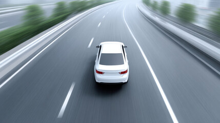 White car driving fast on highway with advice for every driver to stay safe and alert on road