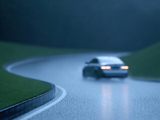Car driver advice for safe driving on wet curved road with blurred vehicle and reflective surface in rainy weather
