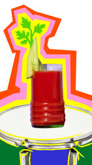 Creative digital artwork. Bloody Mary cocktail with celery stick on drum background pop art style. Concept of brunch culture, music festivals, bold nightlife visuals, modern mixology inspiration.