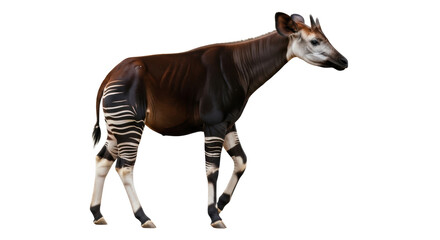 Isolated Okapi standing with head up in profile facing right view, front of its body is brown © Isolde