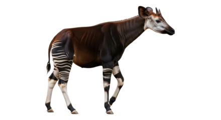Isolated Okapi standing with head up in profile facing right view, front of its body is brown