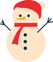 Cheerful cartoon snowman with red hat and scarf.