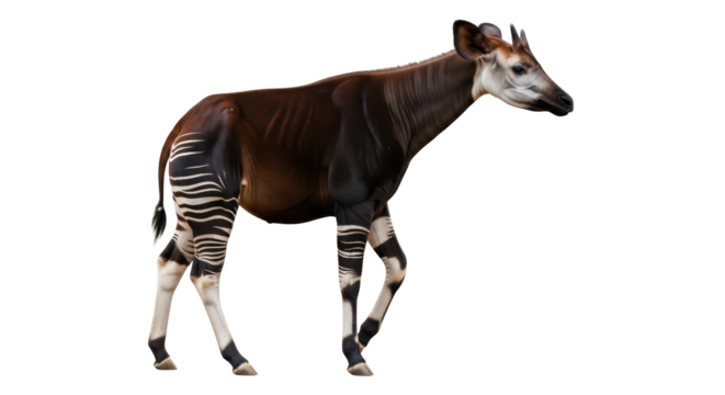 Isolated Okapi standing with head up in profile facing right view, front of its body is brown