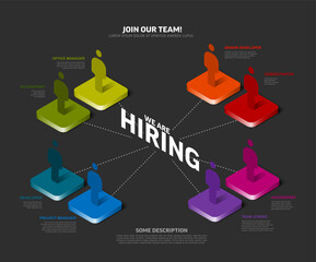 Inviting isometric illustration for recruitment, showcasing various job vacancies and roles for a growing team. Recruitment graphic highlights open positions and invites new members to join the team.
