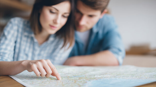 Couple planning travel with map advice and driver guidance for joyful journey and shared adventure experience
