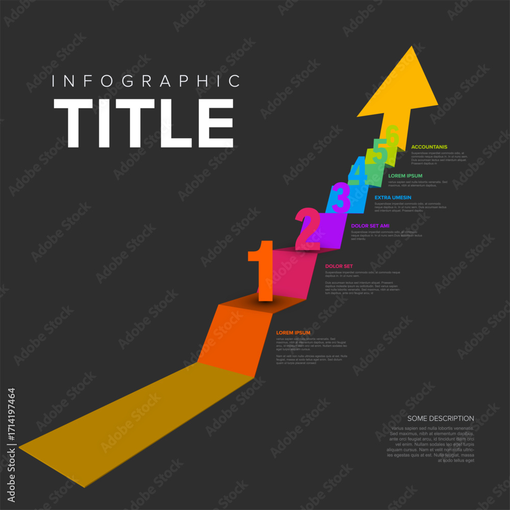 Aufkleber vibrant 3d arrow infographic template with colorful numbered steps on a dark background. this infogr