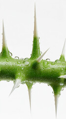 Close-Up of Green Stem with Long White Thorns and Water Droplets on White Background