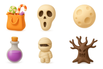Halloween icon set: glowing 3d festive symbols with skull, candy, and tree