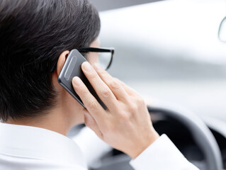 Man driver advice talking on phone while driving car with focus on hand holding smartphone