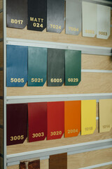 A set of color sample cards. The colors of different products