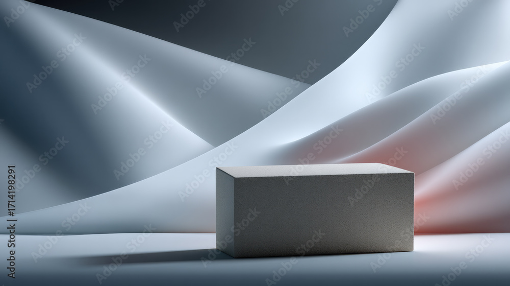 Poster white rectangular block on smooth fabric background with soft lighting, minimalistic abstract scene,