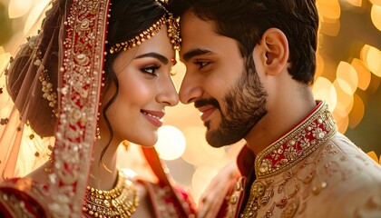 A close-up of an embracing, smiling couple in traditional wedding attire. The woman wears jewelry and a head covering, the man has a beard. Bokeh background
