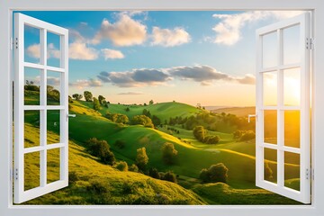 A Serene Sunset Vista Viewed Through a Pair of Open White Windows, Displaying Rolling Green Hills and a Vibrant Sky