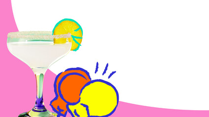 Colorful collage template. Margarita cocktail with pineapple slice and castanets in pop art design. Concept of party vibe, creative nightlife, cocktail art, mixology culture, event visuals.