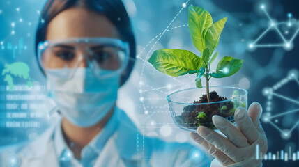 Scientist with plant and soil over virtual charts. Science, biology, ecology and research concept - close up of young female scientist wearing protective mask holding petri dish with plant and soil sa