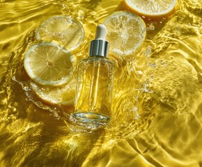 Luxury cosmetic oil or serum in glass bottle with pipette in clean transparent water with lemon slices over yellow background.