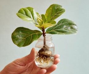 Propagating Fiddle Leaf Fig. Female hand hold rooted cutting of ficus lyrata with roots and glass bottle with water.