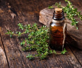 Thyme essential oil and dark glass bottle with pipette and fresh thyme on dark brown wooden background