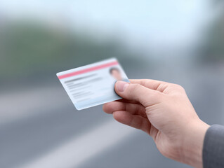 Driver holds license card offering advice on safe driving and identification in blurred outdoor setting