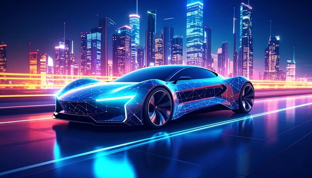 Futuristic electric car in a vibrant night city