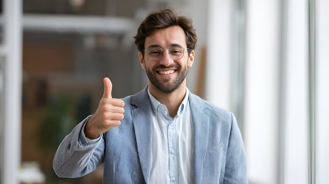 Smiling man in glasses and blazer gives thumbs up