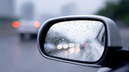 Rain drops on car side mirror provide important driver advice for safe driving in wet weather conditions