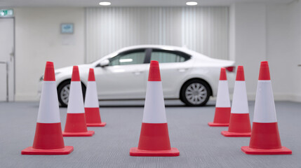 Driver receives advice on navigating through traffic cones indoors with white car in background creating focused training scene
