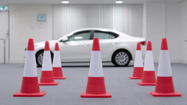 Driver receives advice on navigating through traffic cones indoors with white car in background creating focused training scene