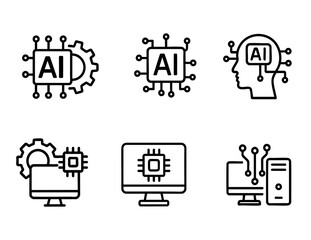 Artificial intelligence icons set. AI chip, brain, computer and machine learning symbols