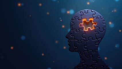 Una silueta humana formada por piezas de rompecabezas intrincadamente conectadas con una pieza faltante brillante insertada, que simboliza la claridad mental