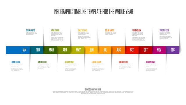 Vibrant and comprehensive infographic timeline template for the entire year, showcasing monthly segments. Infographic timeline visually organizes events and plans with clear, distinct monthly sections
