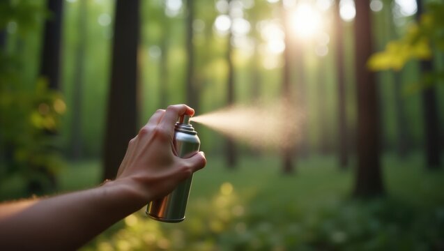 La mano de una persona aplicando repelente de insectos en aerosol contra un fondo borroso de &aacute;rboles de un bosque denso