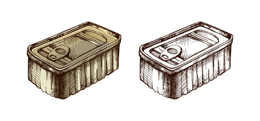 Hand drawn vintage sketch set of metal food cans with pull tab lids in engraving rustic style