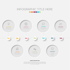 A minimalist timeline infographic showcasing a process with milestones and data points. This clean timeline template illustrates key events and information effectively for presentations.