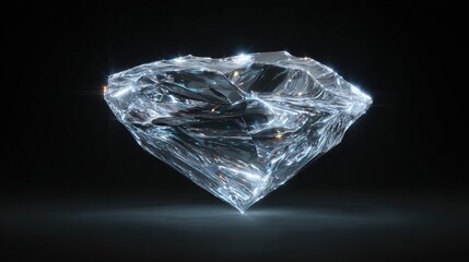 A digitally rendered, faceted gemstone, exhibiting a lustrous, reflective surface with internal light flares, rests on a dark, subtly illuminated background