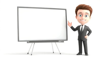 3D cartoon businessman presenting at a blank whiteboard - Powered by Adobe