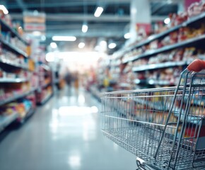 Shopping cart in supermarket. Blurred shelves in grocery store and trolley.