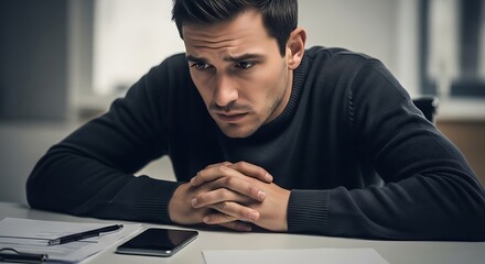 A concerned and pensive man sits at a desk with his hands clasped, looking down with a worried expression.