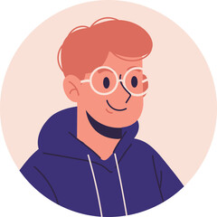 Cheerful young man with red hair and round glasses wearing a hoodie.