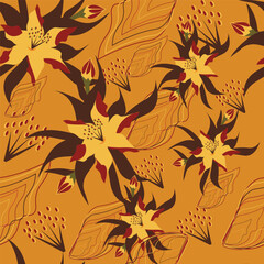 Print Autumn floral pattern stylized leaves fall foliage with vibrant leaves seasonal themed background illustration  wrapping paper, textiles, fabric, card, backgrounds, seasonal products, stroy,