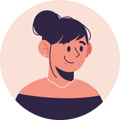 Smiling illustrated woman with dark bun offshoulder top and earrings flat design avatar.