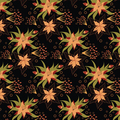 Print Autumn floral pattern stylized leaves fall foliage with vibrant leaves seasonal themed background illustration  wrapping paper, textiles, fabric, card, backgrounds, seasonal products, stroy,
